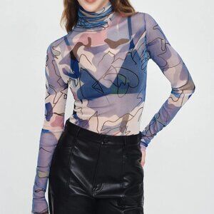 Silk Laundry Mesh Turtleneck Cornflower Floral Blue White Long Sleeve Shirt XS